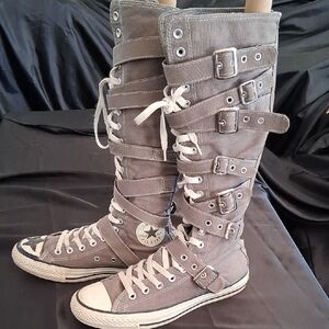 Converse Gray Knee-High Lace-Up Buckle Canvas Boots